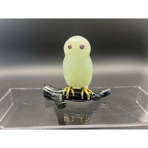 Vtg Carved Jade Owl Figurine‎ on Onyx Branch with Gemstone Eyes and Gold Accents
